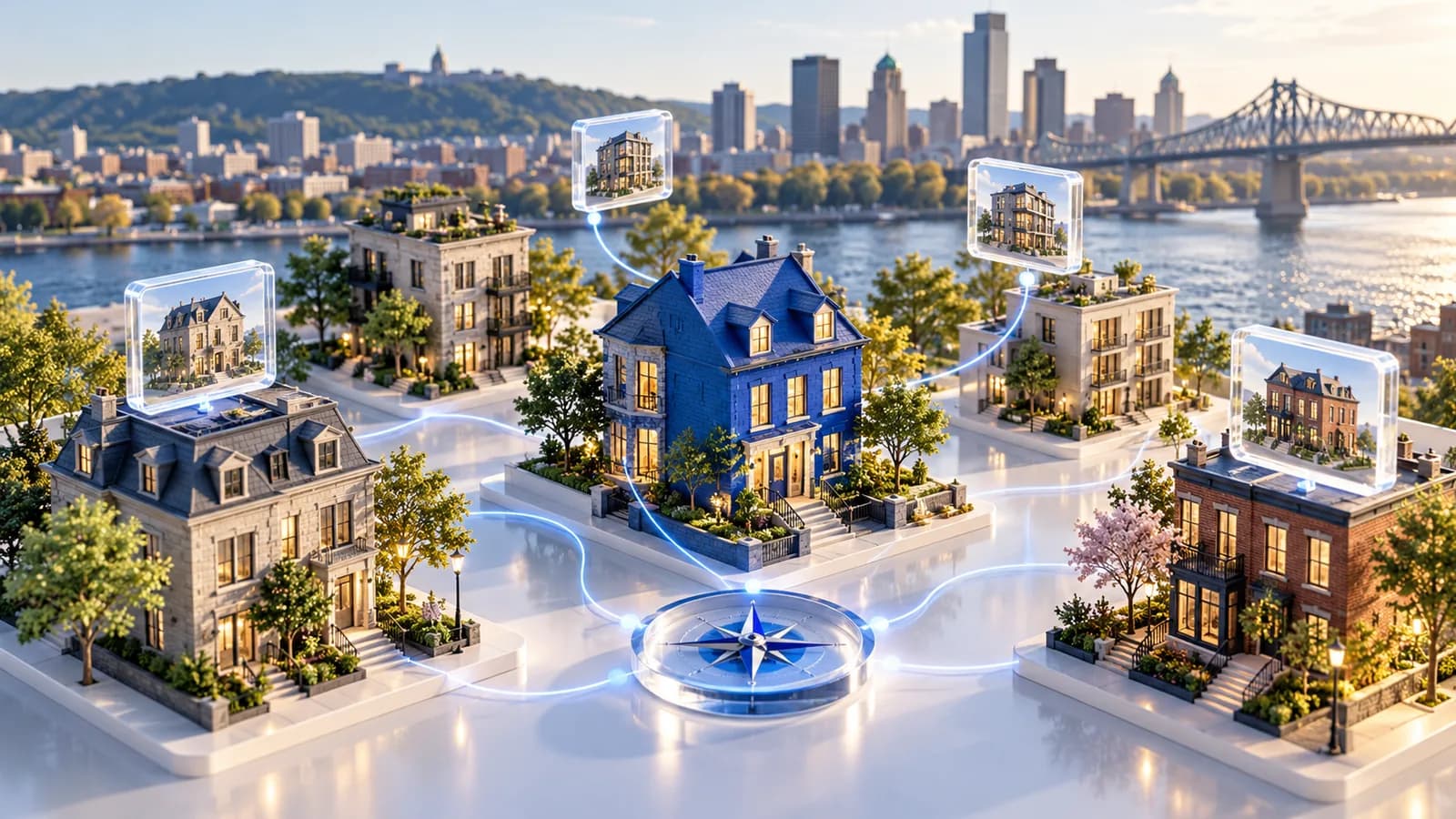Quartier miniature de Montréal et liens entre propriétés et fiches clients