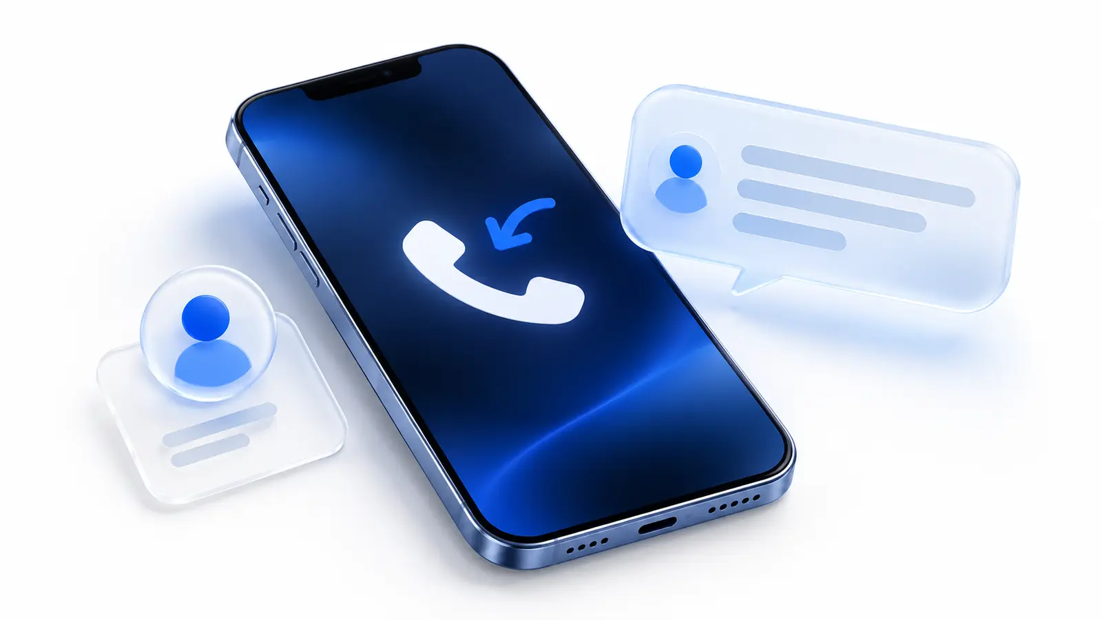 Blue phone with a handset and arrow symbol beside a translucent text-message bubble and contact card