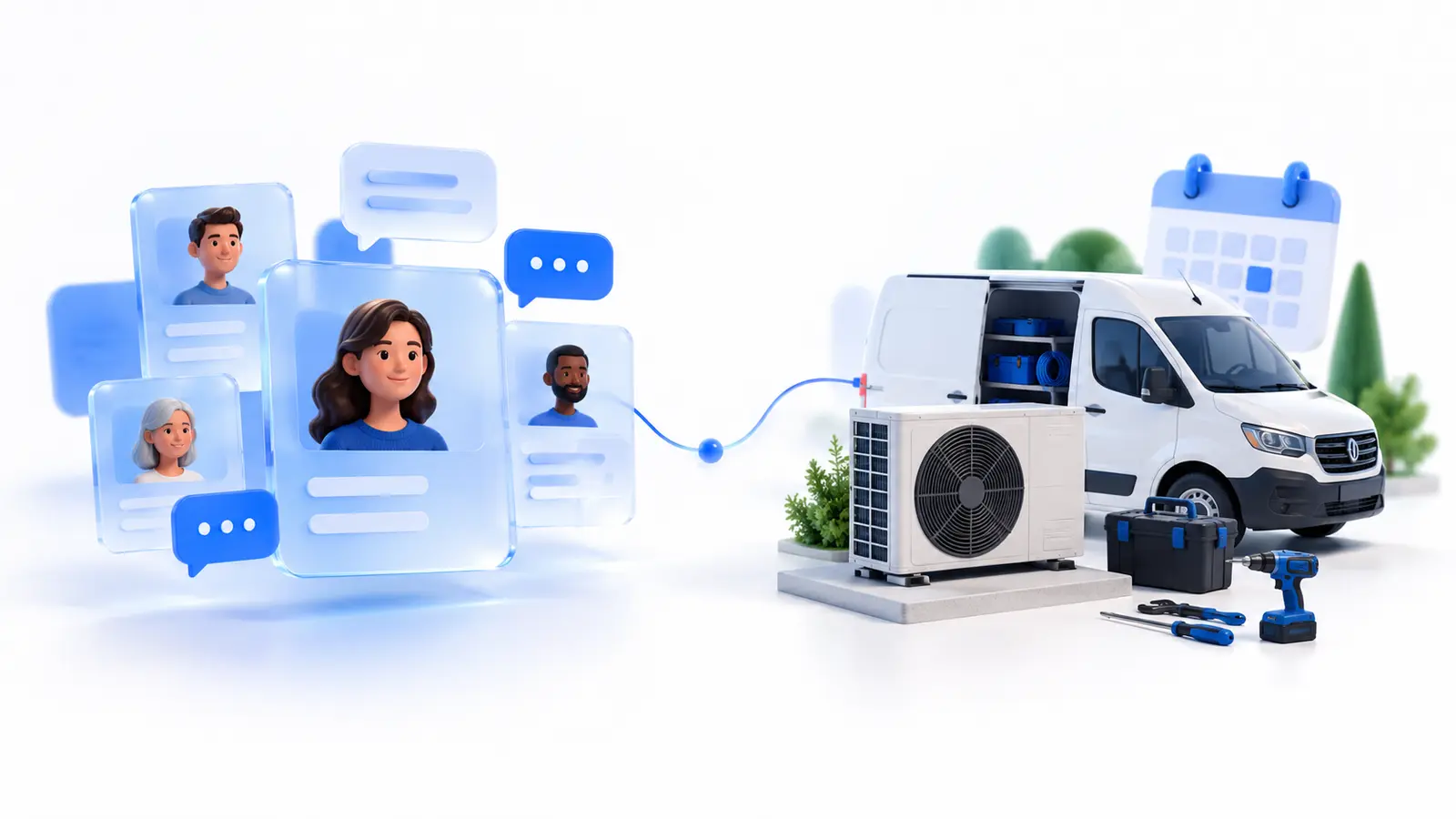 Blue contact cards and conversation bubbles beside a service van, a heat pump and HVAC tools
