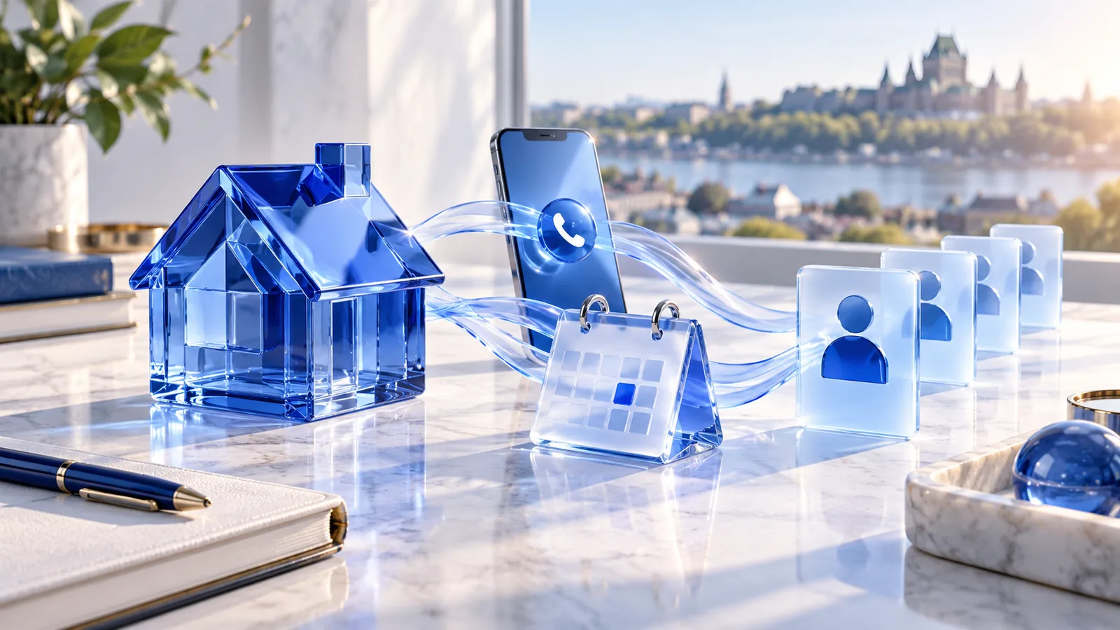 Blue house and client follow-up tools on a real estate desk