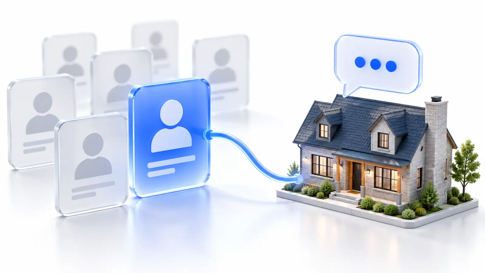 Fiches de prospects translucides, dont une fiche bleue reliée à une maison québécoise et à une bulle de conversation