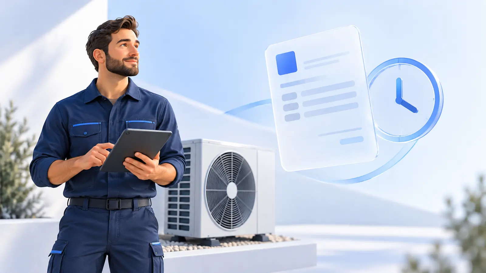 HVAC contractor holding a tablet beside a heat pump, with an illustrated quote and clock