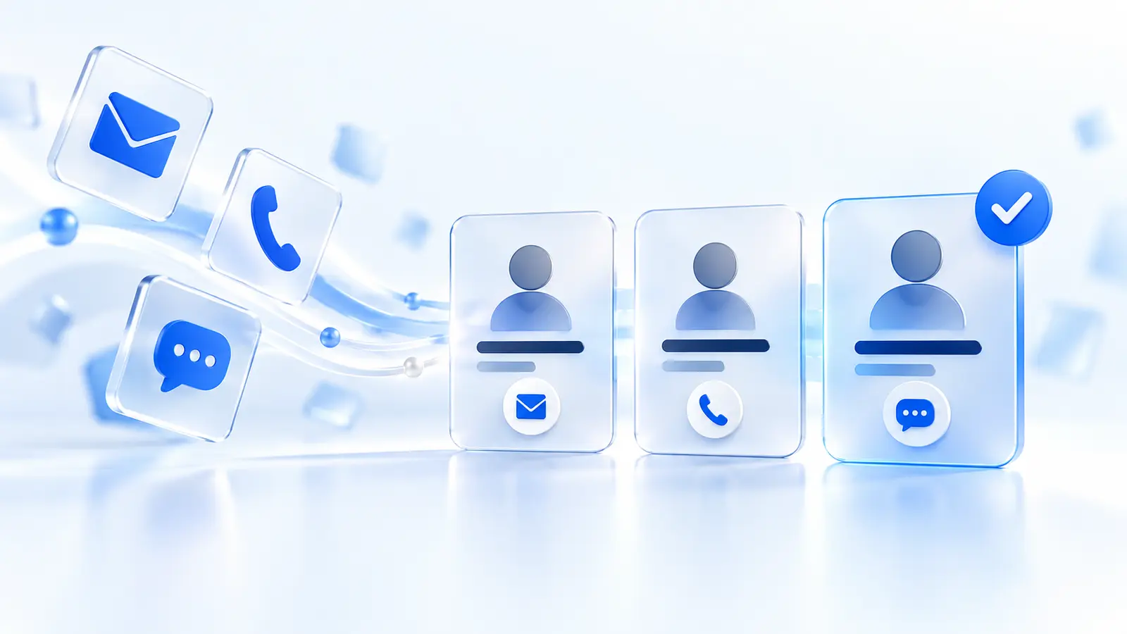 Phone, email and chat enquiries brought together into blue contact follow-up cards